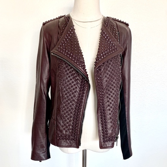 Nour Hammour Oxblood Red Erin Studded Real Leather Fitted Motorcycle Jacket